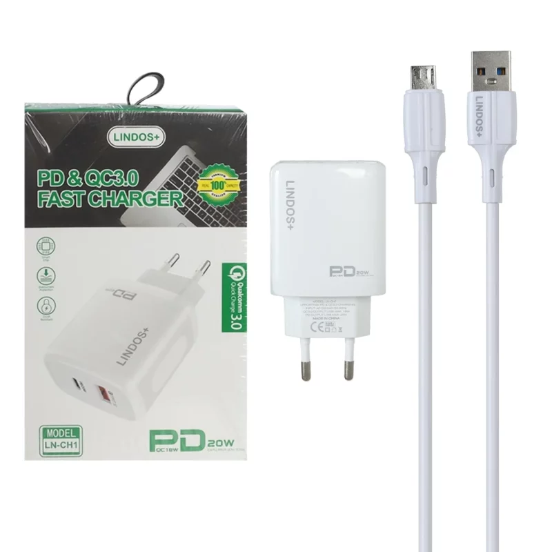 شارژر دیواری فست و PD دو پورت +Lindos مدل LN-CH1 20W به همراه کابل شارژ اندروید - سفید (گارانتی تعویض یکساله شرکتی) - تصویر 2
