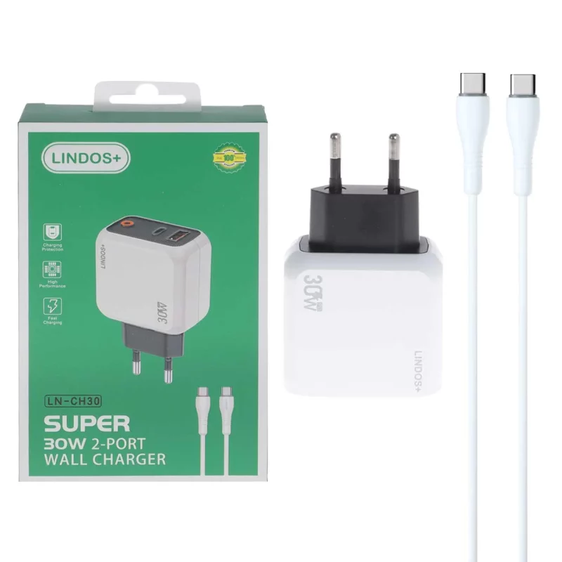 شارژر دیواری فست و PD دو پورت +Lindos مدل LN-CH30 30W به همراه کابل شارژ Type-C To Type-C - سفید (گارانتی تعویض یکساله شرکتی) - تصویر 2