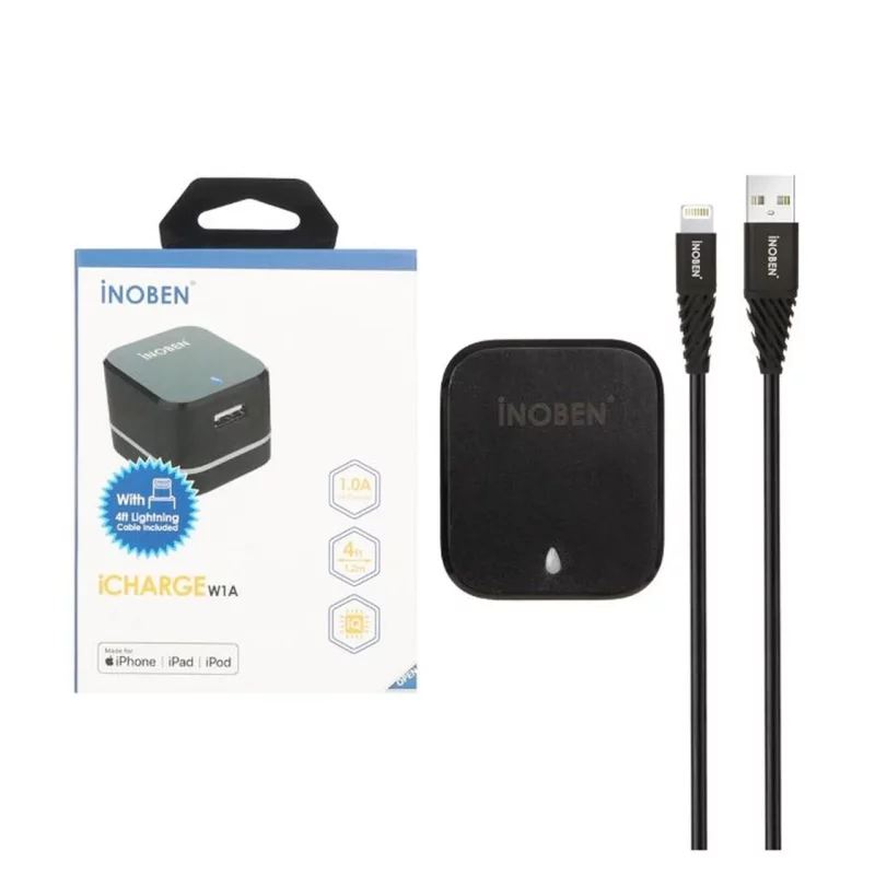 شارژر دیواری تک پورت iNOBEN مدل iCHARGE W1A به همراه کابل شارژ آیفون - مشکی - تصویر 2