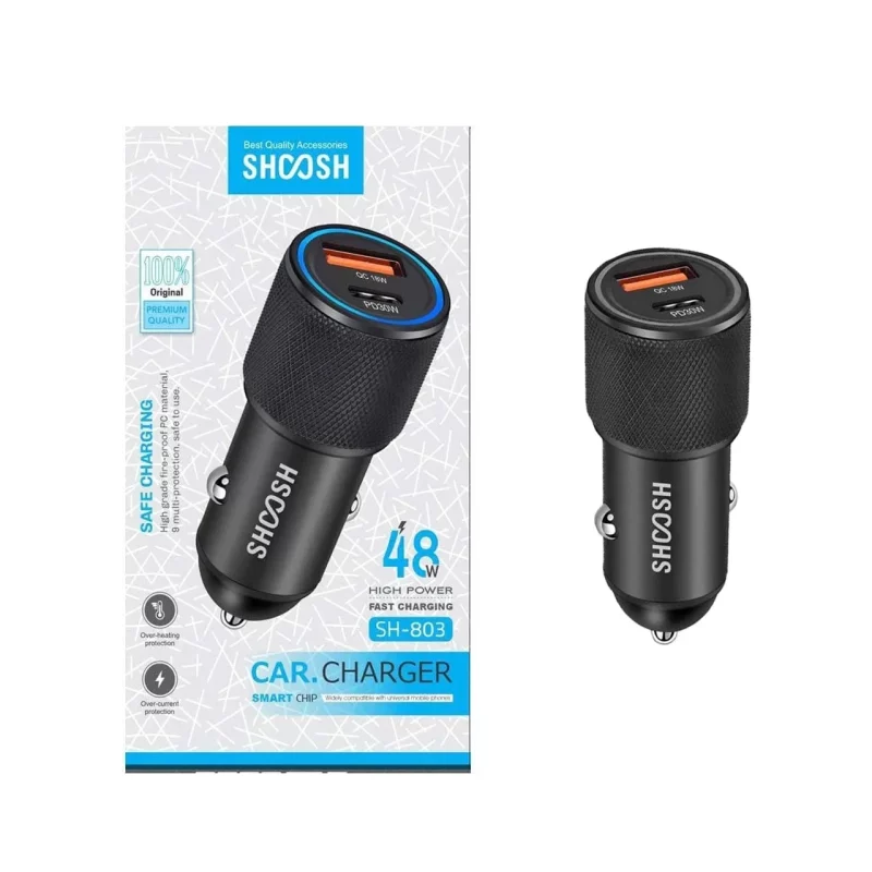 شارژر فندکی فست و PD دو پورت Shoosh مدل SH-803 48W - مشکی - SMO - تصویر 2