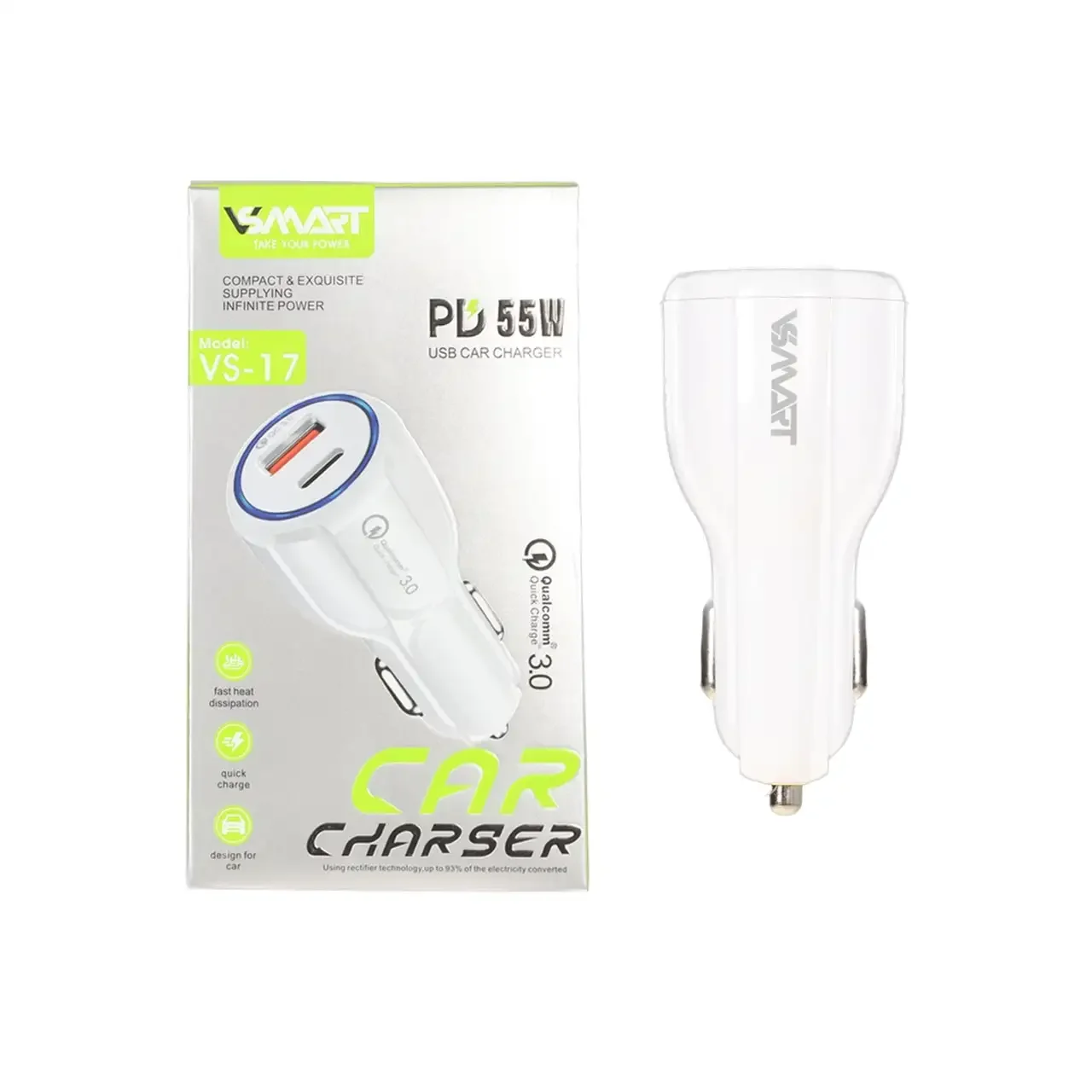 1585-4122350-1 شارژر فندکی PD و فست دو پورت V-Smart مدل VS-17 55W - سفید - BSA - تصویر 1
