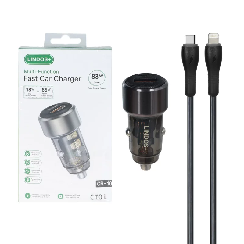 شارژر فندکی PD و فست دو پورت +Lindos مدل CR-10 83W به همراه کابل شارژ Type-C To Lightning - مشکی (گارانتی تعویض یکساله شرکتی) - تصویر 2