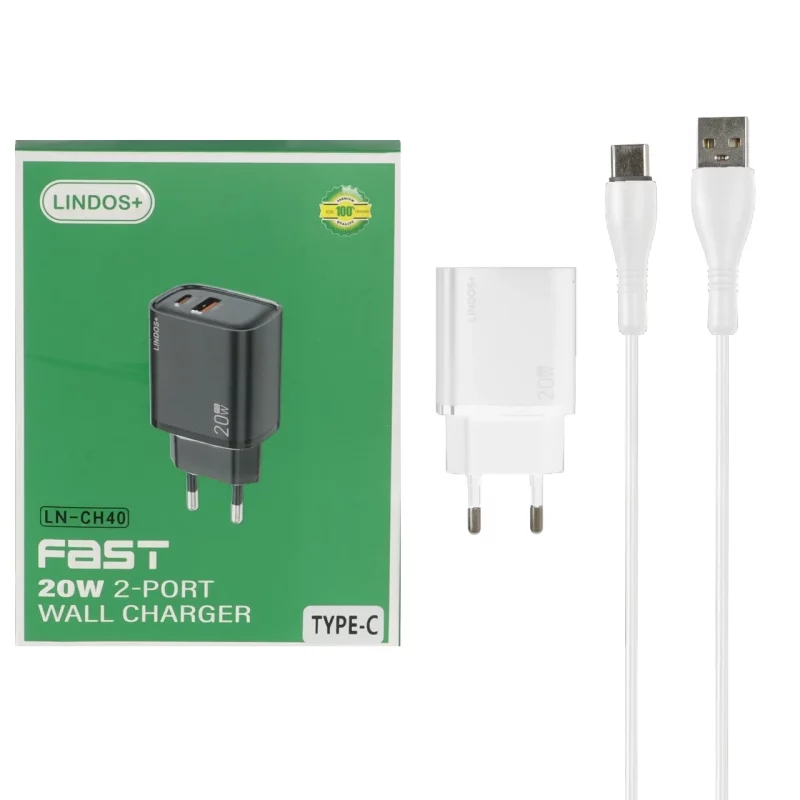 شارژر دیواری PD و فست دو پورت +Lindos مدل LN-CH40 20W به همراه کابل شارژ Type-C - سفید (گارانتی تعویض یکساله شرکتی) - تصویر 2