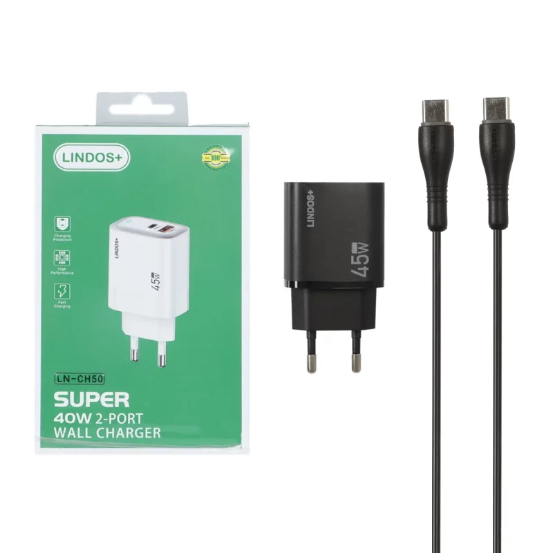 شارژر دیواری فست و PD دو پورت +Lindos مدل LN-CH50 40W به همراه کابل شارژ Type-C To Lightning - مشکی (گارانتی تعویض یکساله شرکتی) - تصویر 2