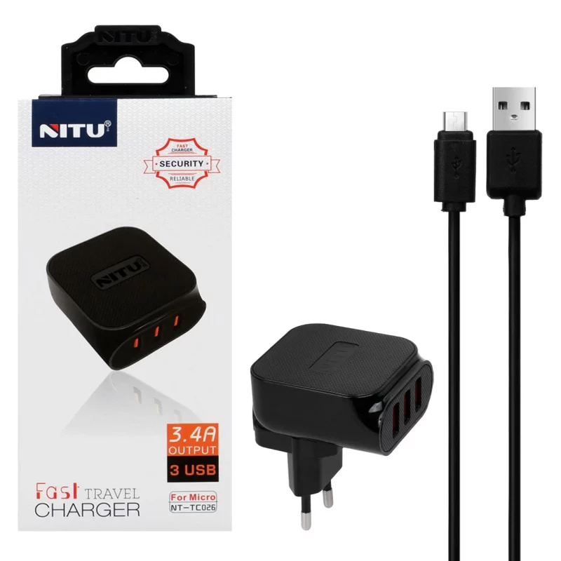 شارژر دیواری فست سه پورت NITU مدل TC026 به همراه کابل شارژ اندروید - مشکی (گارانتی 18 ماه تعویض نیکان همراه) - تصویر 2