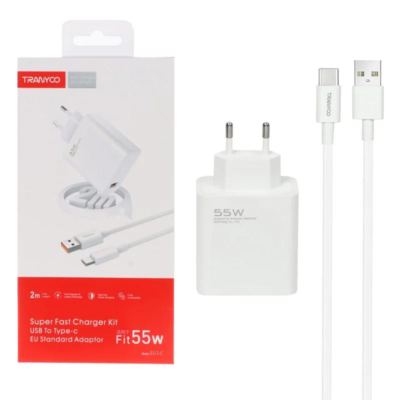 شارژر دیواری 55W فست تک پورت TRANYOO مدل EU3-C به همراه کابل شارژ 2 متری Type-C - سفید - تصویر 2
