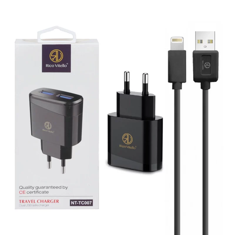 شارژر دیواری فست دو پورت Rico Vitello مدل NT-TC007 12W به همراه کابل شارژ آیفون - مشکی - تصویر 2