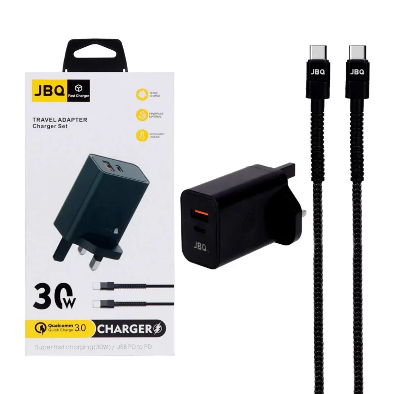 شارژر دیواری فست دو پورت JBQ مدل HC-30w 30W همراه با کابل Type-C To Type-C - مشکی (گارانتی یکساله رصاصی) - تصویر 2