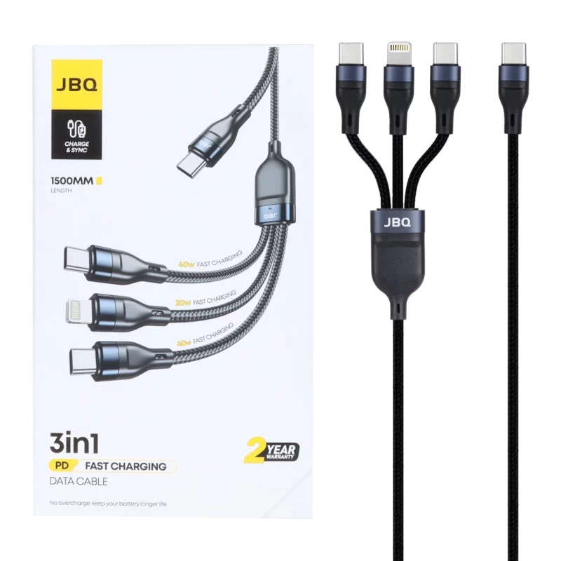 کابل شارژ 1.5 متری فست و PD سه کاره JBQ مدل CA-537 - مشکی (گارانتی یکساله رصاصی) - تصویر 2
