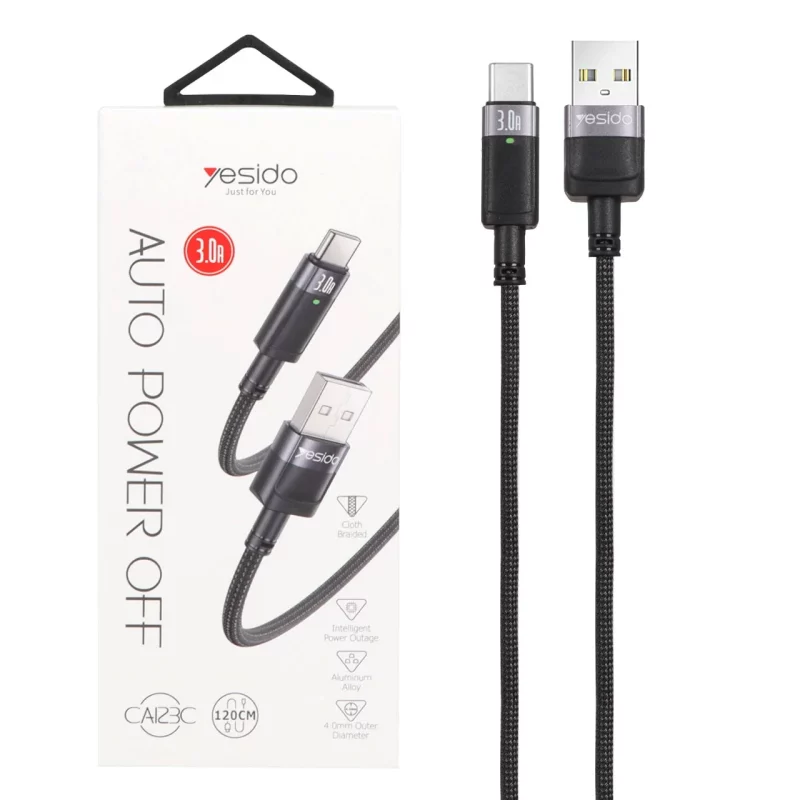 کابل شارژ فست کنفی 1.2 متری Yesido Type-C با قابلیت قطع و وصل خودکار جریان شارژ مدل CA123C - مشکی (گارانتی 18 ماه تعویض نیکان همراه) - تصویر 2