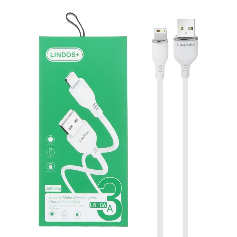 کابل شارژ فست آیفون +Lindos مدل LN-C6 - سفید - تصویر 2