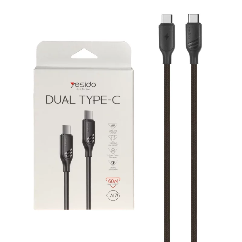 کابل شارژ فست yesido Type-C To Type-C مدل CA175 - مشکی (گارانتی 18 ماه تعویض نیکان همراه) - تصویر 2