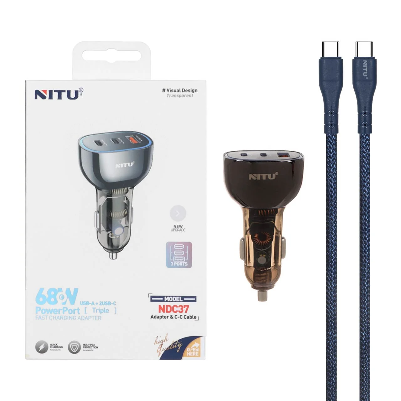 1587-1319686-1 شارژر فندکی فست و PD سه پورت Nitu مدل NDC37 68W به همراه کابل شارژ Type-C To Type-C - مشکی (گارانتی 18 ماه تعویض نیکان همراه) - تصویر 1