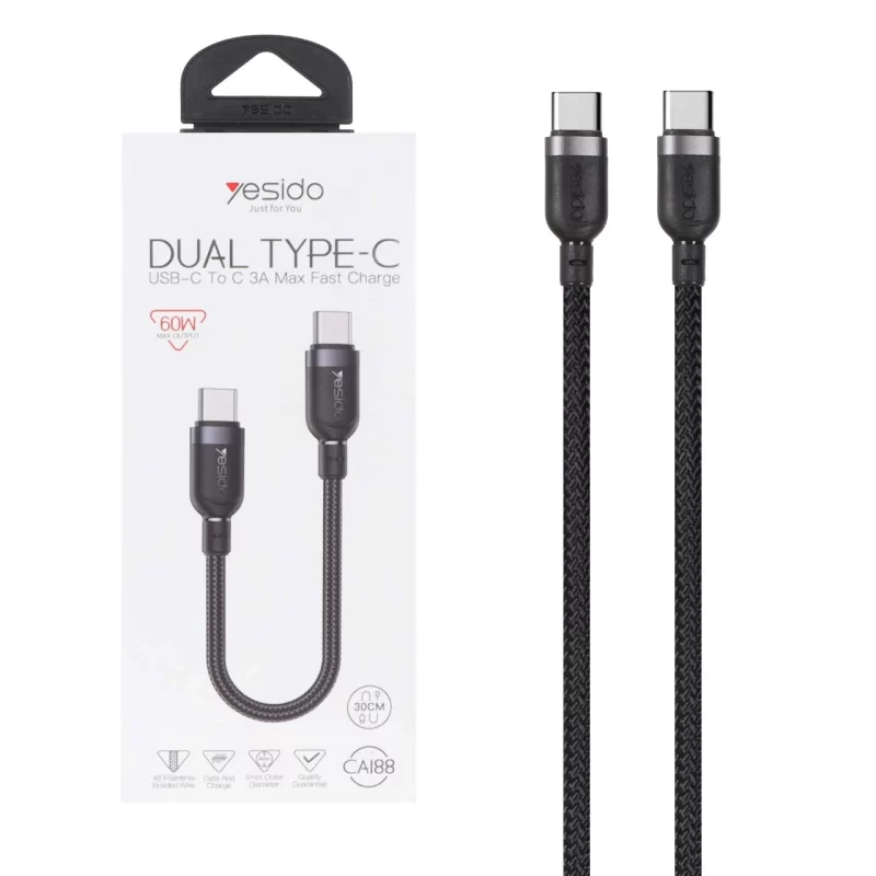 کابل شارژ فست پاوربانک Yesido Type-C To Type-C مدل CA188 60W - مشکی (گارانتی 18 ماه تعویض نیکان همراه) - تصویر 2
