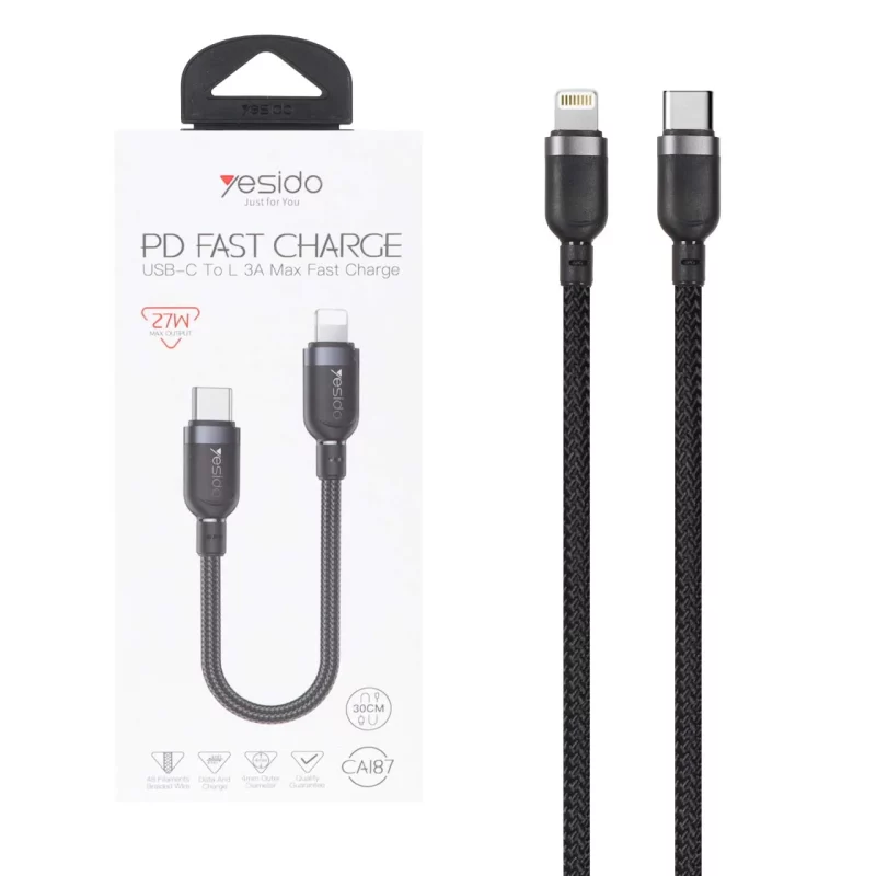 کابل شارژ فست پاوربانک Yesido Type-C To Lightning مدل CA187 27W - مشکی (گارانتی 18 ماه تعویض نیکان همراه) - تصویر 2