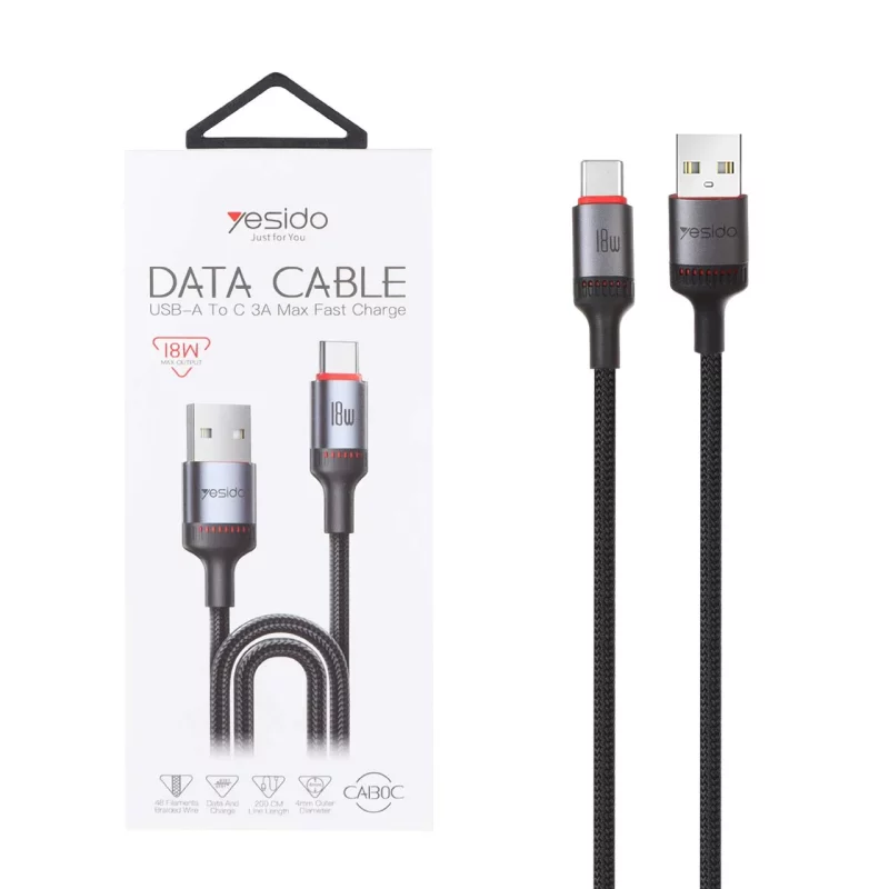 کابل شارژ 2 متری فست Yesido Type-C مدل CA130C 18W - مشکی (گارانتی 18 ماه تعویض نیکان همراه) - تصویر 2