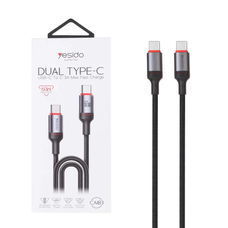 کابل شارژ 2 متری فست Yesido Type-C To Type-C مدل CA183 60W - مشکی (گارانتی 18 ماه تعویض نیکان همراه) - تصویر 2