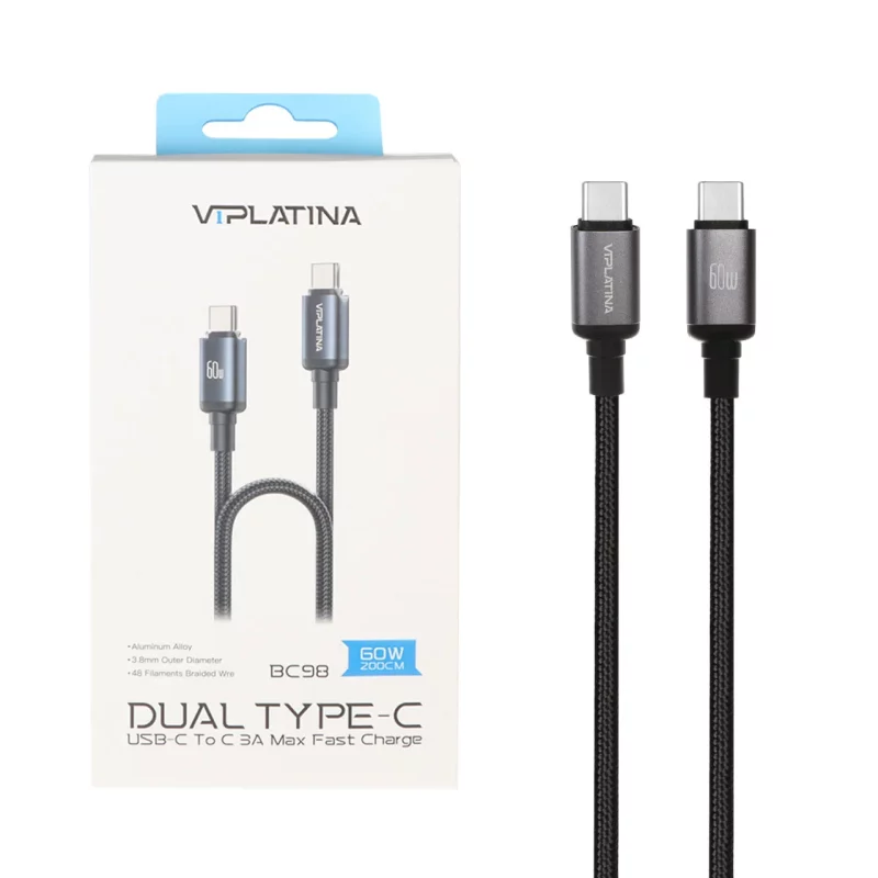 کابل شارژ فست 2 متری VIPLATINA Type-C To Type-C مدل BC98 60W - مشکی (گارانتی 18 ماه تعویض نیکان همراه) - تصویر 2