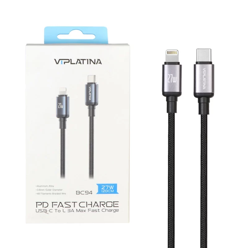 کابل شارژ فست 1.2 متری VIPLATINA Type-C To Lightning مدل BC94 27W - مشکی (گارانتی 18 ماه تعویض نیکان همراه) - تصویر 2