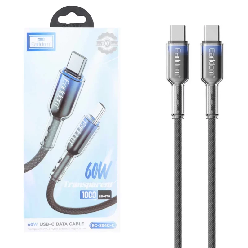 کابل شارژ و دیتا PD و فست کنفی 1 متری Earldom Type-C To Type-C مدل EC-204C-C 60W - مشکی - تصویر 2