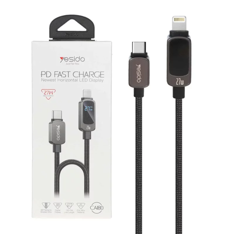 کابل شارژ 1.2 متری فست Yesido Type-C To Lightning دارای نمایشگر LED مدل CA180 27W - خاکستری (گارانتی 18 ماه تعویض نیکان همراه) - تصویر 2