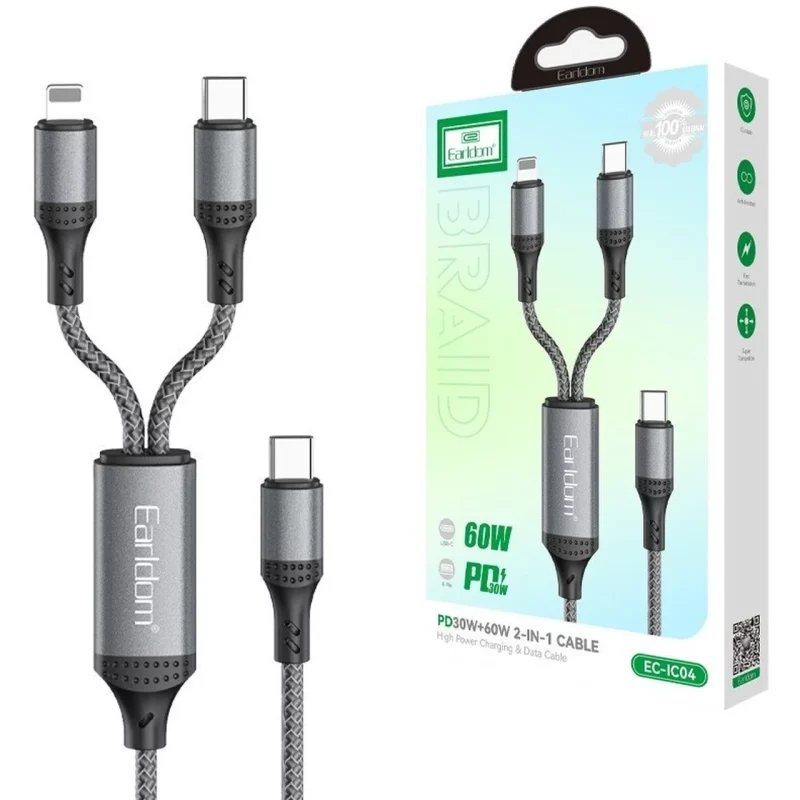 کابل شارژ 2 کاره PD و فست Earldom Type-C to Type-C & Lightning مدل EC-IC04 60W - مشکی - تصویر 2