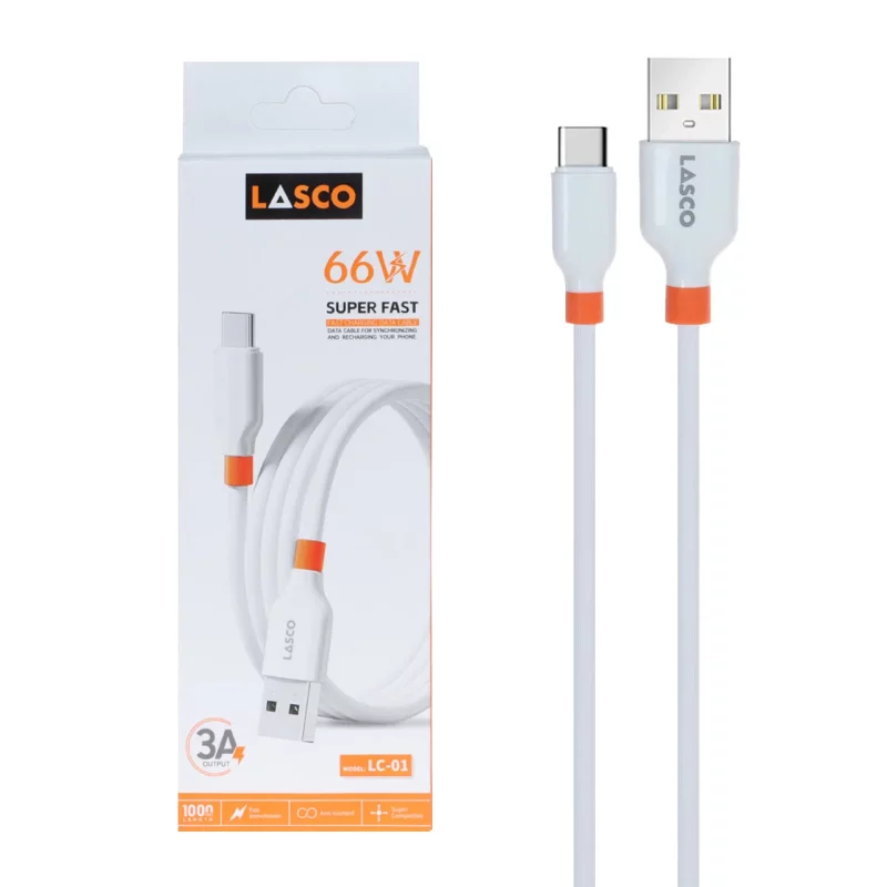 کابل شارژ فست Lasco Type-C مدل LC-01 66W - سفید - DST (گارانتی شش ماهه) - تصویر 2