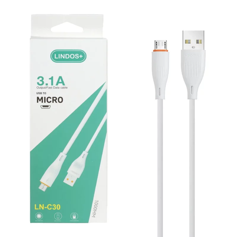 کابل شارژ فست اندروید +Lindos مدل LN-C30 - سفید - تصویر 2