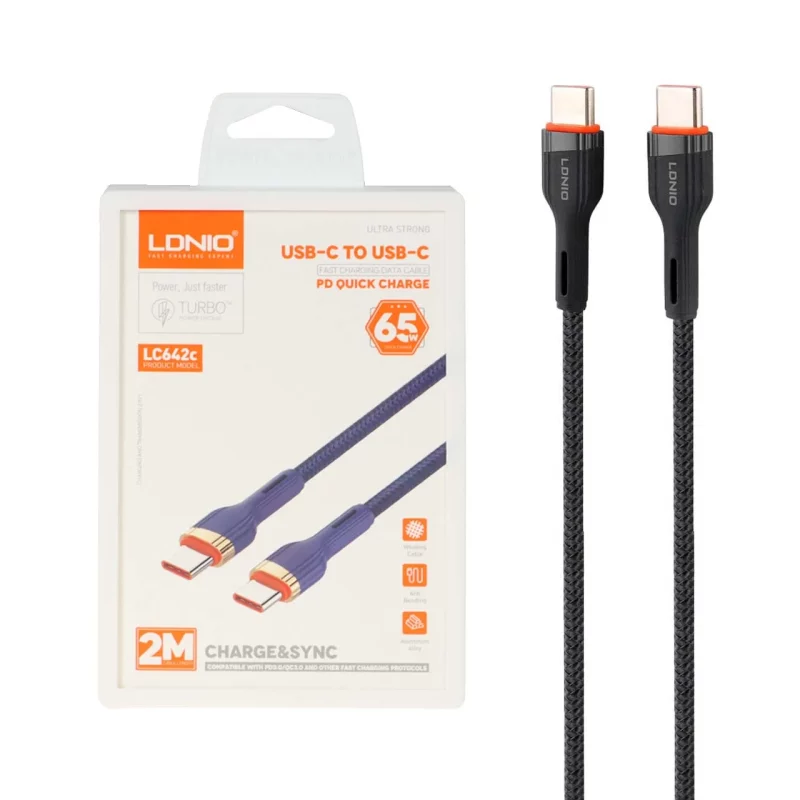 کابل شارژ PD و فست 2 متری LDNIO Type-C To Type-C مدل LC642C 65W - مشکی (اصلی) - تصویر 2