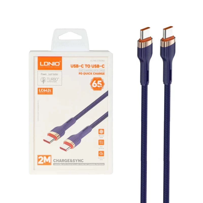 کابل شارژ PD و فست 2 متری LDNIO Type-C To Type-C مدل LC642C 65W - سرمه ای (اصلی) - تصویر 2