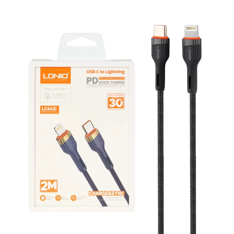 کابل شارژ PD و فست 2 متری LDNIO Type-C To Lightning مدل LC642i 30W - مشکی (اصلی) - تصویر 2