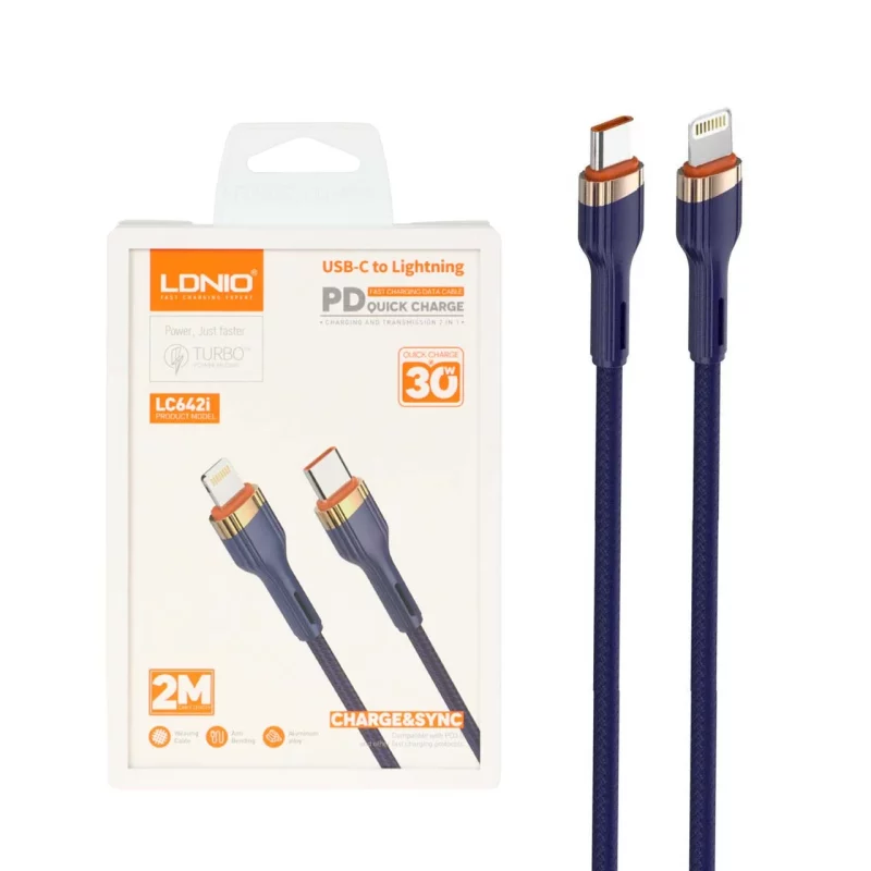 کابل شارژ PD و فست 2 متری LDNIO Type-C To Lightning مدل LC642i 30W - سرمه ای (اصلی) - تصویر 2