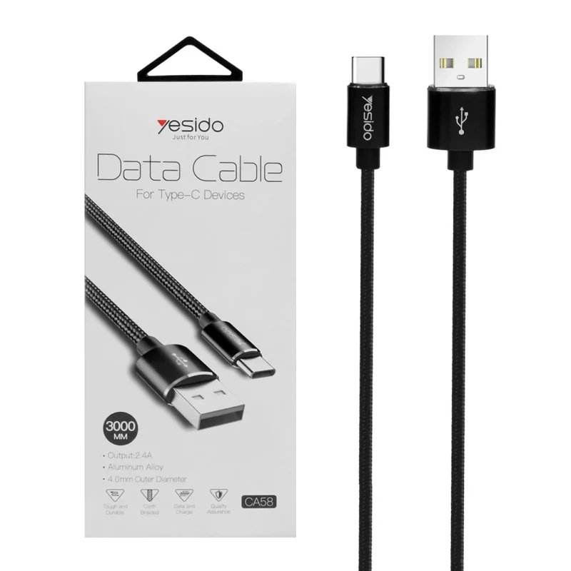 کابل شارژ فست 3 متری yesido Type-C-CA58-مشکی (گارانتی 18 ماه تعویض نیکان همراه) - تصویر 2