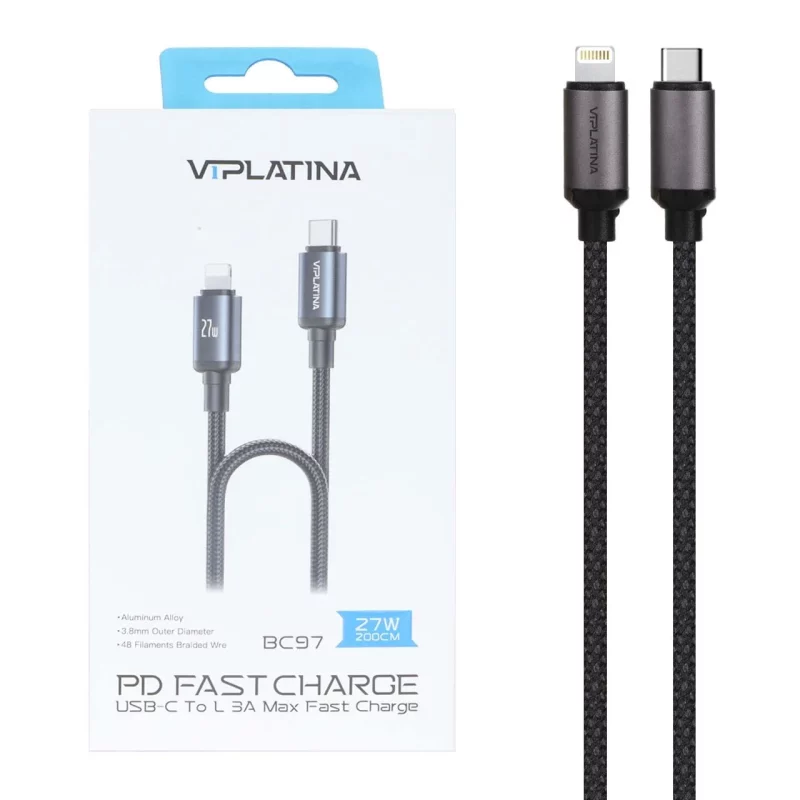کابل شارژ PD و فست VIPLATINA Type-C To Lightning مدل BC97 27W - مشکی (گارانتی 18 ماهه تعویض نیکان همراه) - تصویر 2