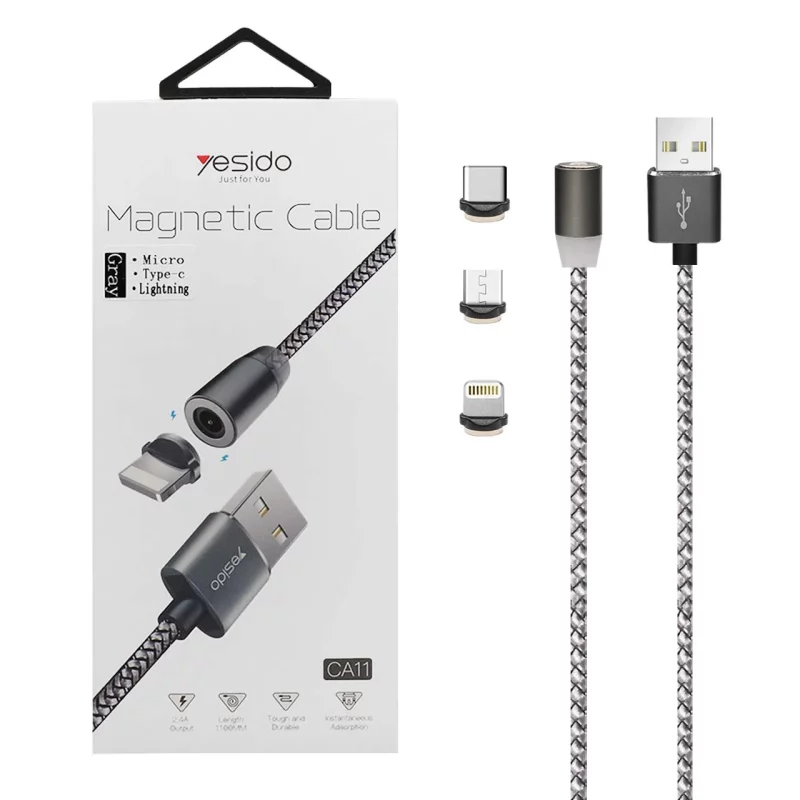 کابل شارژ فست مگنتی تبدیل USB به لایتنینگ-yesido Type-c-MicroUSB مدل CA11-خاکستری (گارانتی 18 ماه تعویض نیکان همراه) - تصویر 2