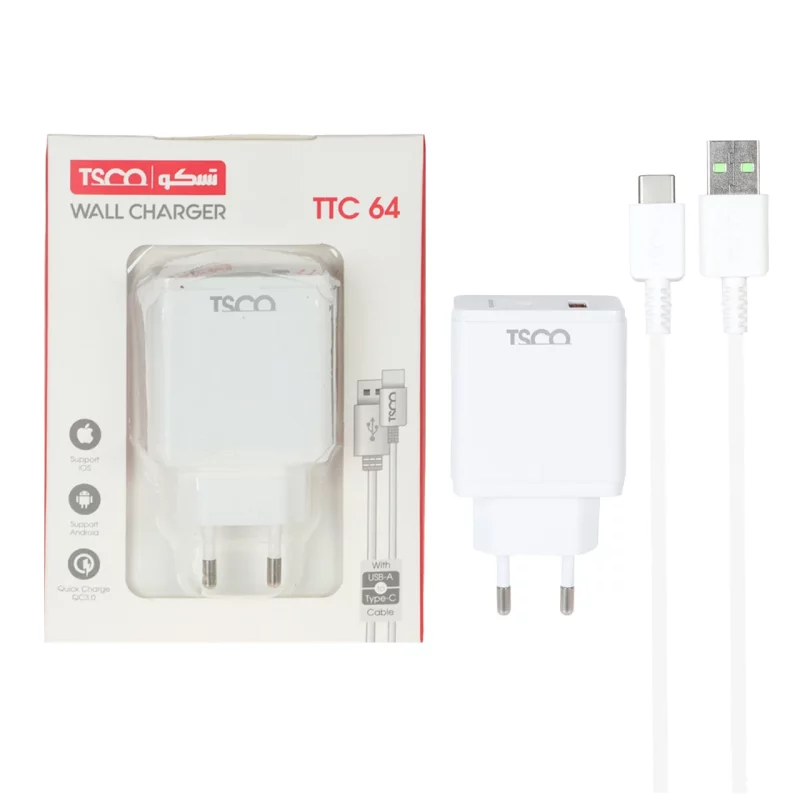 شارژر دیواری فست تک پورت 18 وات TSCO مدل TTC 64 همراه با کابل شارژ TYPE-C - سفید - تصویر 2