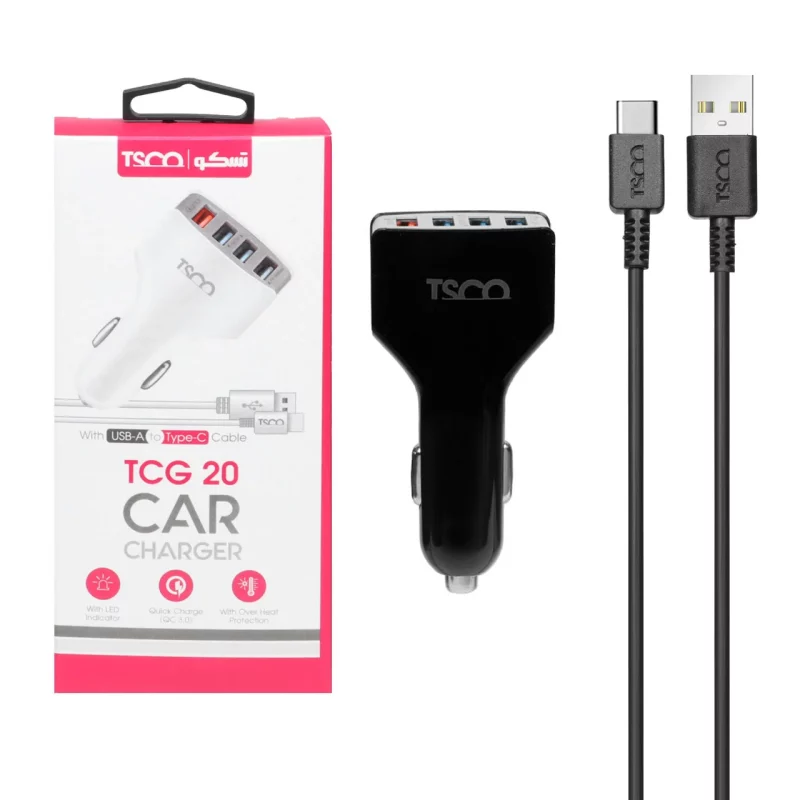 شارژر فندکی فست چهار پورت TSCO مدل TCG 20 18W به همراه کابل شارژ Type-C - مشکی - تصویر 2