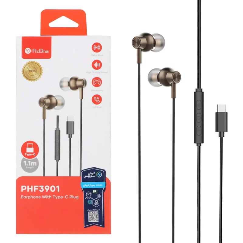 هندزفری با سیم پورت ProOne Type-C مدل PHF3901 - قهوه ای - تصویر 2