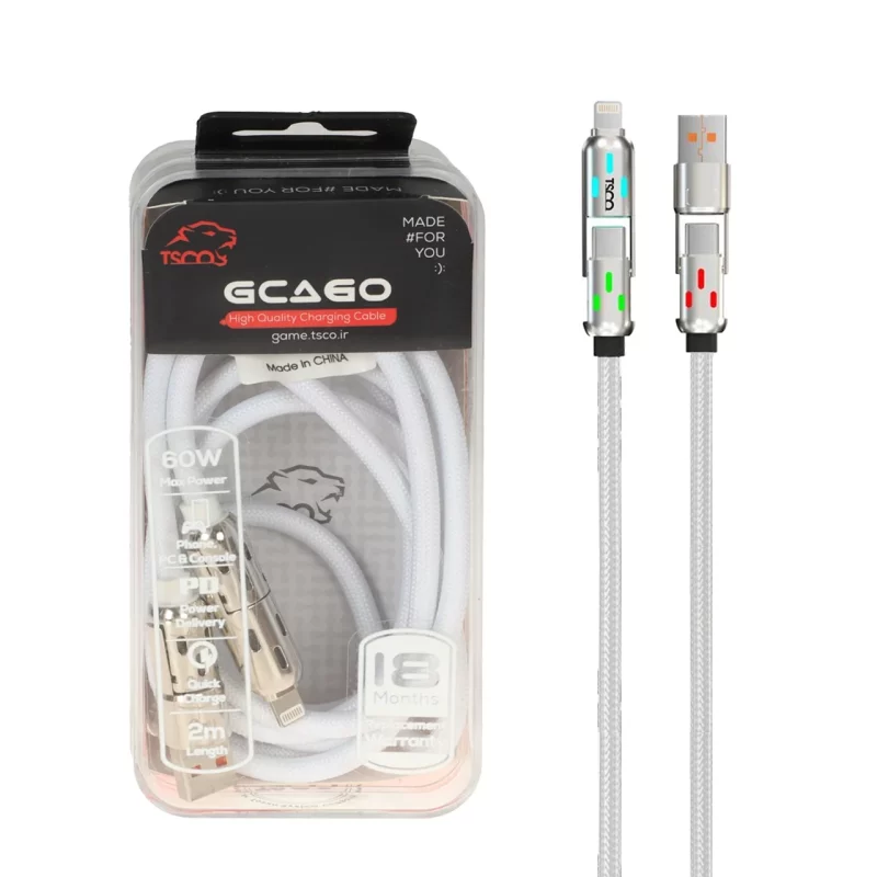 کابل شارژ PD و فست 60W چهارکاره ( گیمینگ ) 2 متری TSCO مدل GCA60 - سفید (گارانتی 18 ماهه تسکو) - تصویر 2