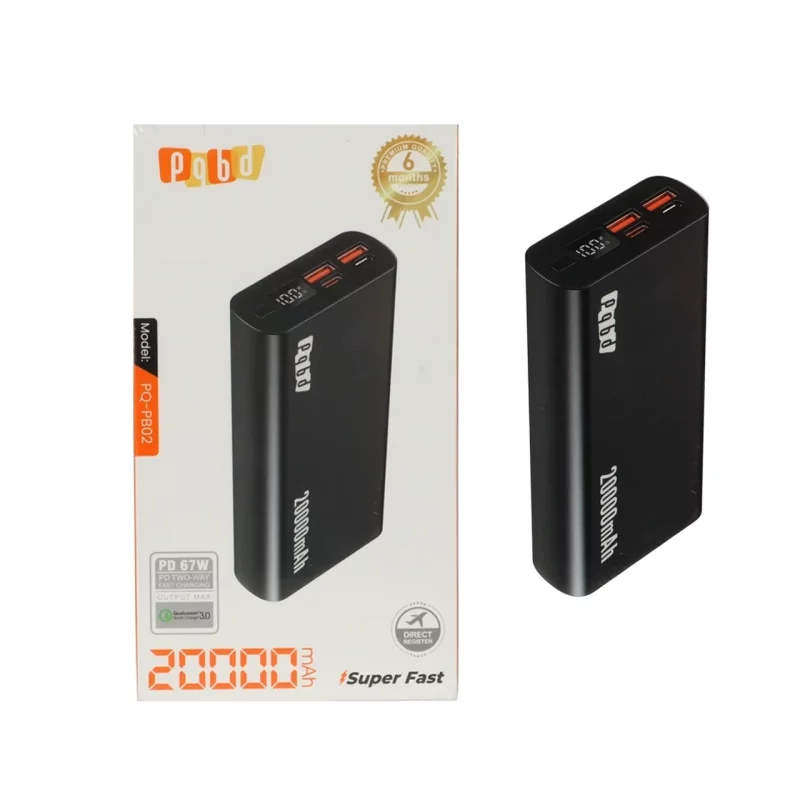 پاوربانک PD و فست شارژ pqbd 20000mAh مدل PQ-PB02 67W - مشکی - تصویر 2