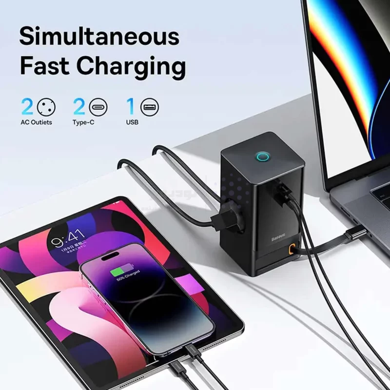 شارژر رومیزی فست چندکاره Baseus مدل PowerCombo Tower PowerStrip 65W - مشکی (گارانتی 24 ماهه آونگ) - تصویر 8