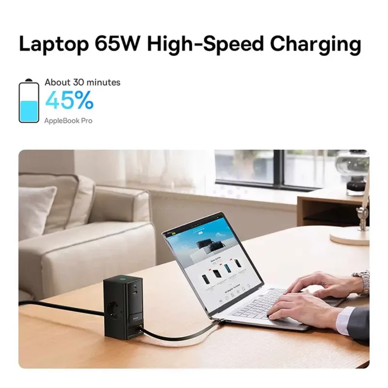 شارژر رومیزی فست چندکاره Baseus مدل PowerCombo Tower PowerStrip 65W - مشکی (گارانتی 24 ماهه آونگ) - تصویر 9