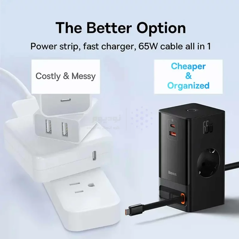 شارژر رومیزی فست چندکاره Baseus مدل PowerCombo Tower PowerStrip 65W - مشکی (گارانتی 24 ماهه آونگ) - تصویر 10