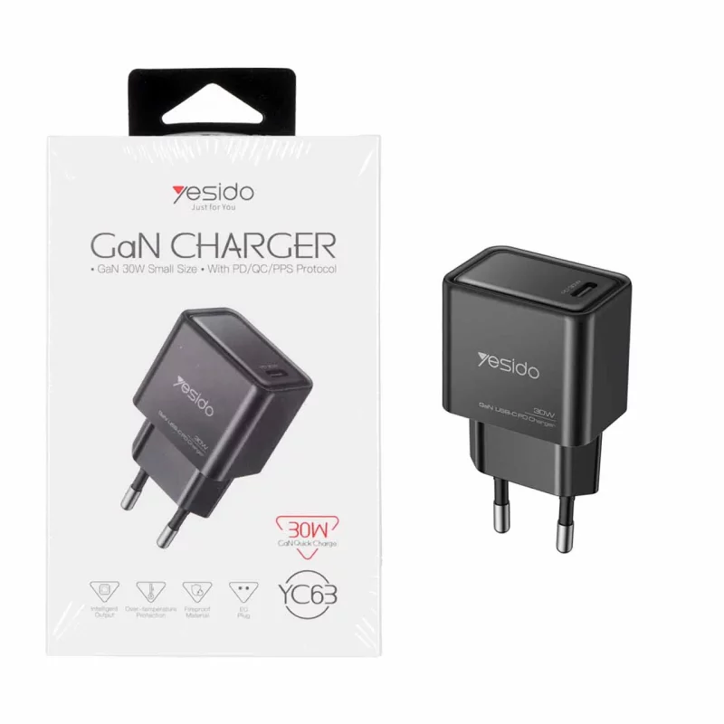 شارژر دیواری PD و فست تک پورت Yesido مدل 30W YC63 - مشکی (گارانتی 18 ماه تعویض نیکان همراه) مجهز به فناوری GAN - تصویر 2