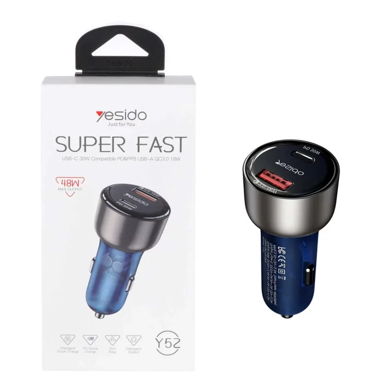 شارژر فندکی PD و فست دو پورت Yesido مدل Y52 48W - سرمه ای (گارانتی 18 ماه تعویض نیکان همراه) - تصویر 2
