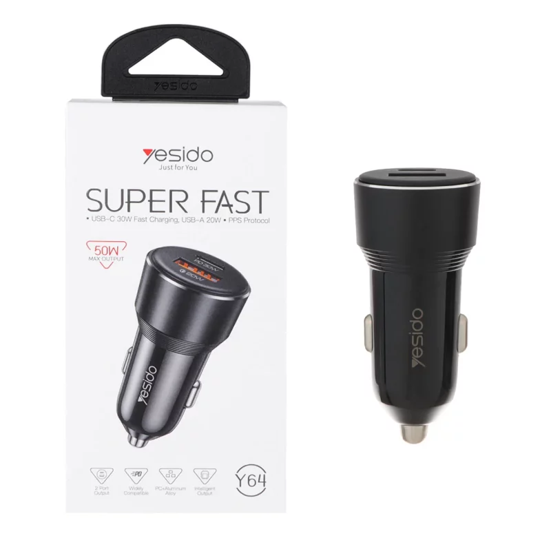 شارژر فندکی PD و فست دو پورت Yesido مدل Y64 50W - مشکی (گارانتی 18 ماه تعویض نیکان همراه) - تصویر 2