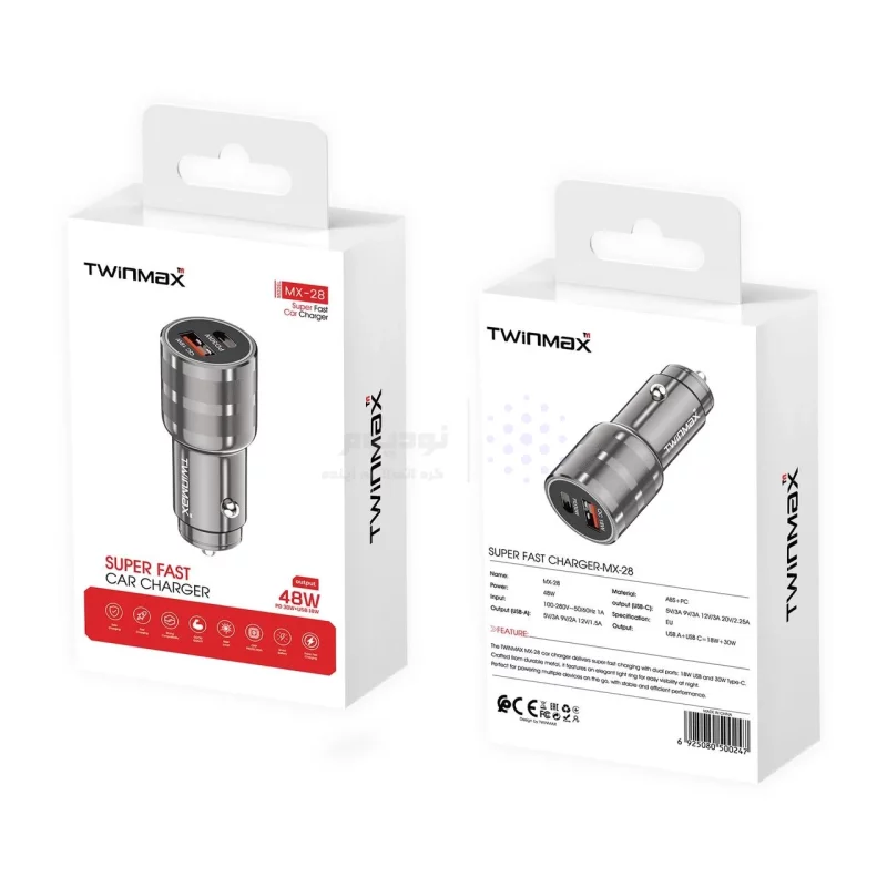 شارژر فندکی PD و فست دو پورت TwinMax مدل MX-28 48W - مشکی - تصویر 3