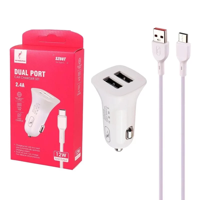شارژر فندکی فست دو پورت SKY DOLPHIN مدل SZ08T 12W به همراه کابل شارژ Type-C - سفید - ASP (گارانتی شش ماهه آروین) - تصویر 2