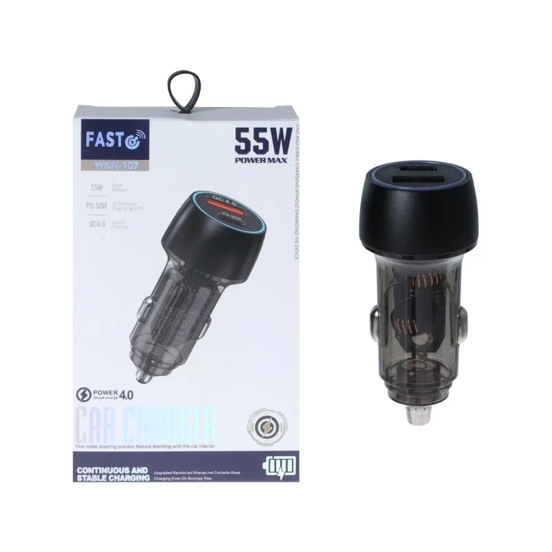 شارژر فندکی PD و فست دو پورت Fast مدل WKN-107 55W - مشکی - KZN (اصل چین) - تصویر 2