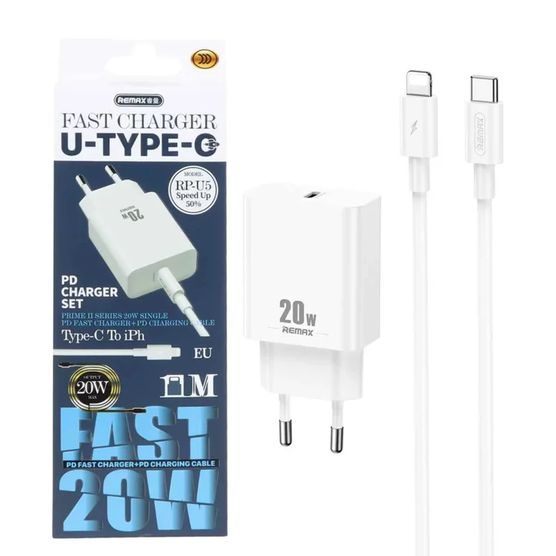 شارژر دیواری فست تک پورت Remax مدل RP-U5 20W به همراه کابل شارژ Type-C To Lightning - سفید - تصویر 2